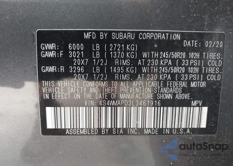 2020 Subaru Ascent Limited из США, поврежденный, VIN 4S4WMAPD3L3461916